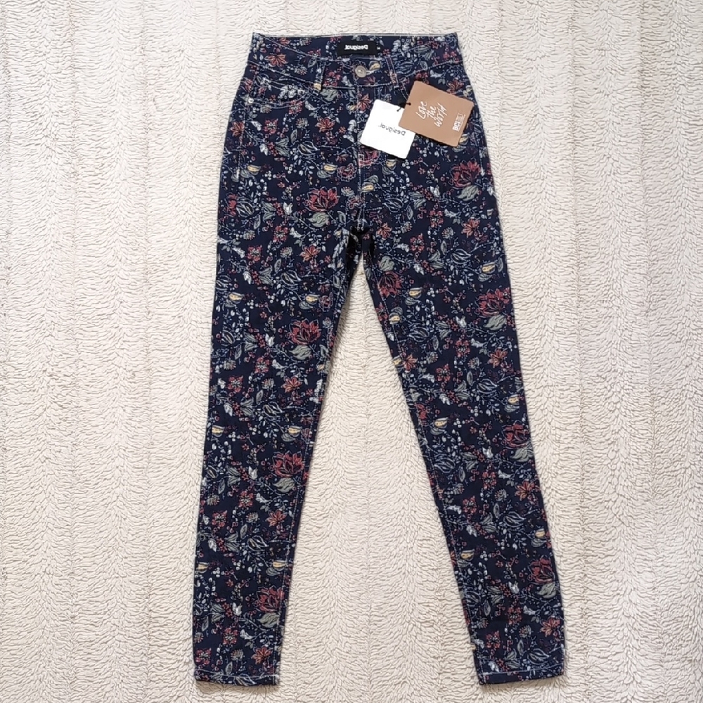Desigual Sam Floral Pants NWT Navy Women's 24